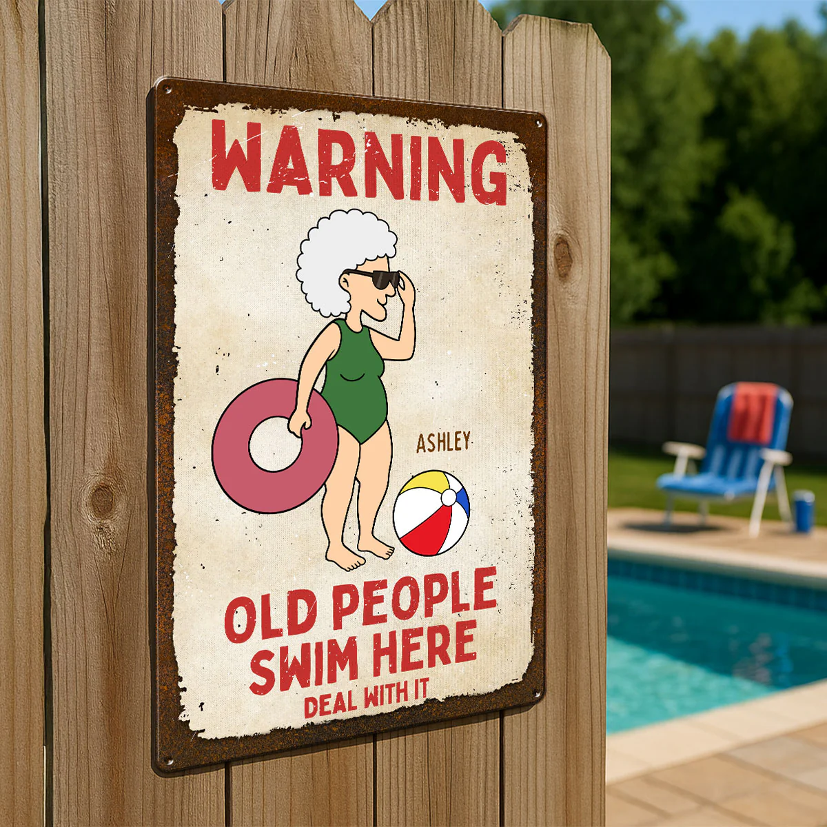 Warning Old People Swim Here Personalized Pool Metal Sign - Image 2