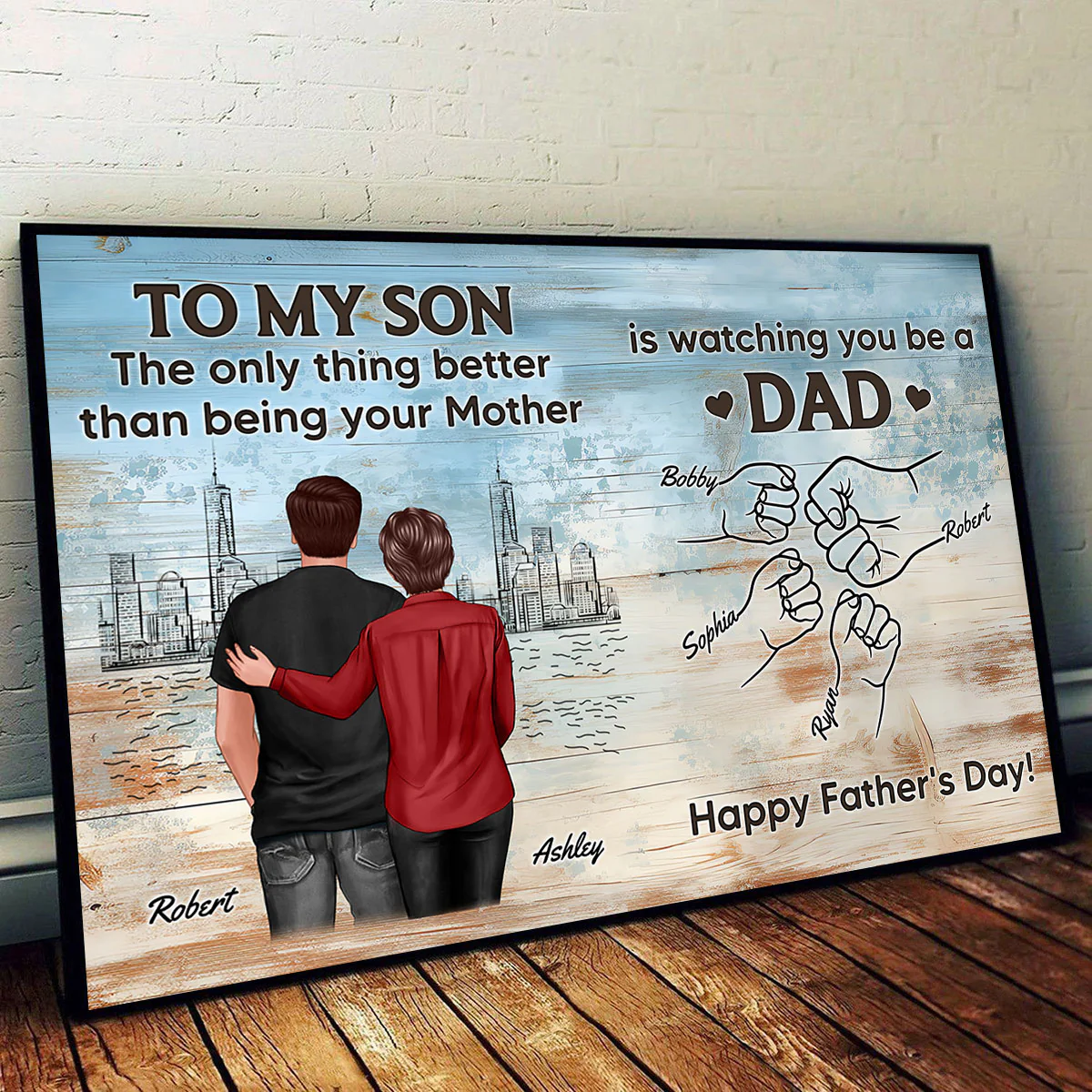 Watching You Be A Dad From Mom Dad To Son Wooden Texture Personalized Poster, Gift For Son - Image 4