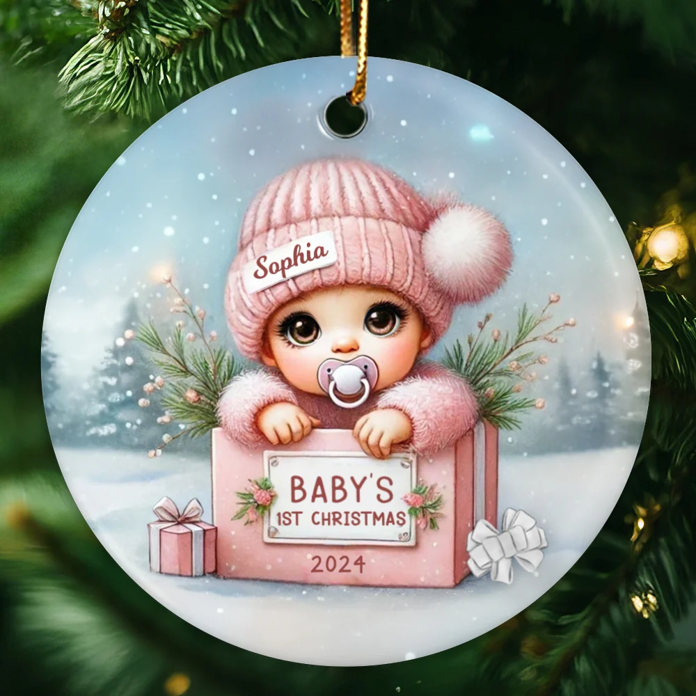 Watercolor Baby Inside Gift Box Personalized Ceramic Ornament, Christmas Gift for New Mom New Dad - Image 11