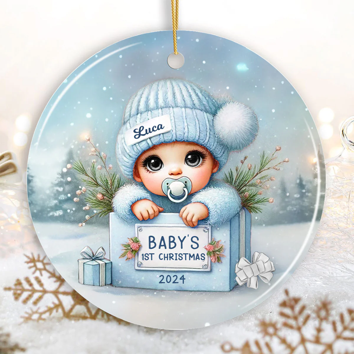 Watercolor Baby Inside Gift Box Personalized Ceramic Ornament, Christmas Gift for New Mom New Dad - Image 2