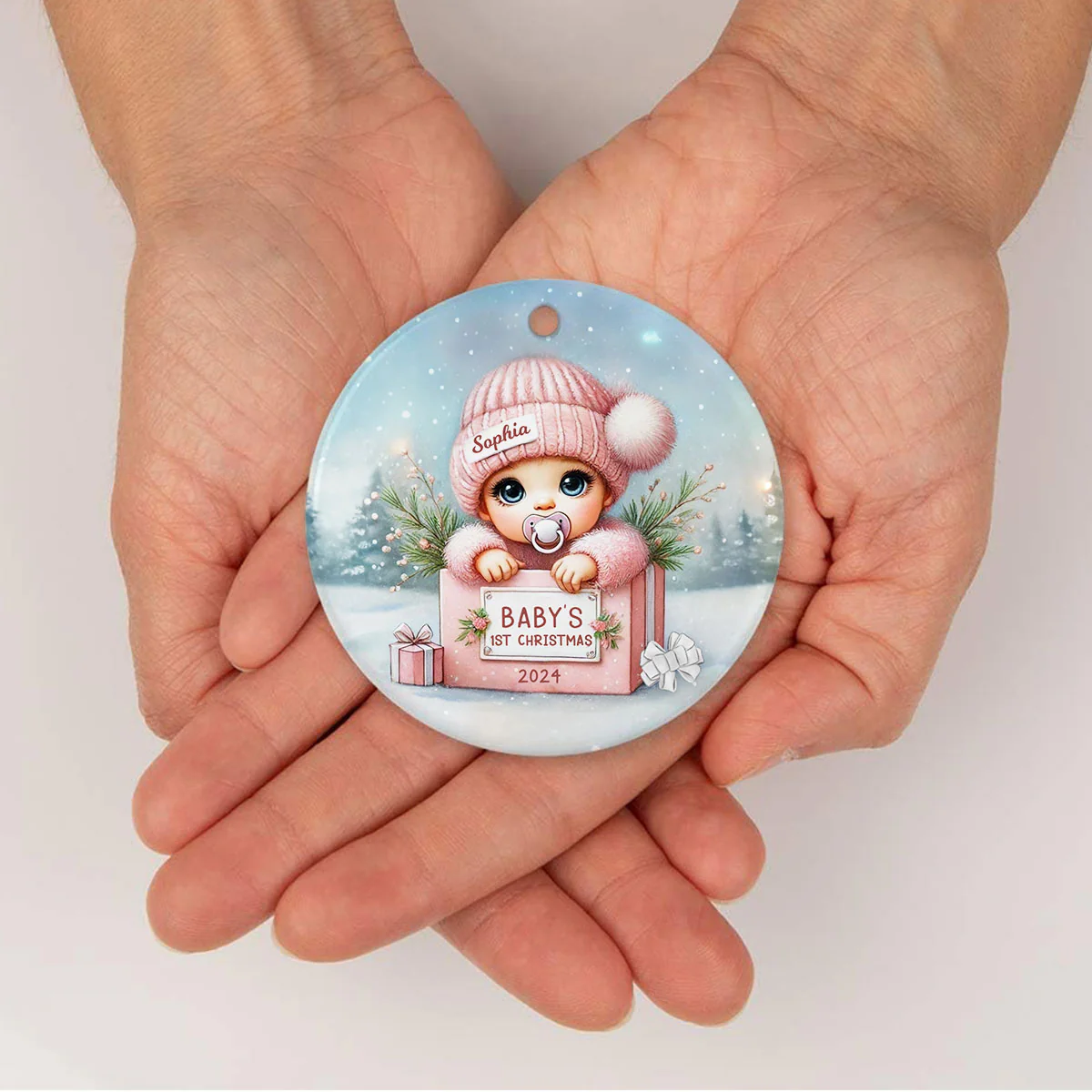 Watercolor Baby Inside Gift Box Personalized Ceramic Ornament, Christmas Gift for New Mom New Dad - Image 3
