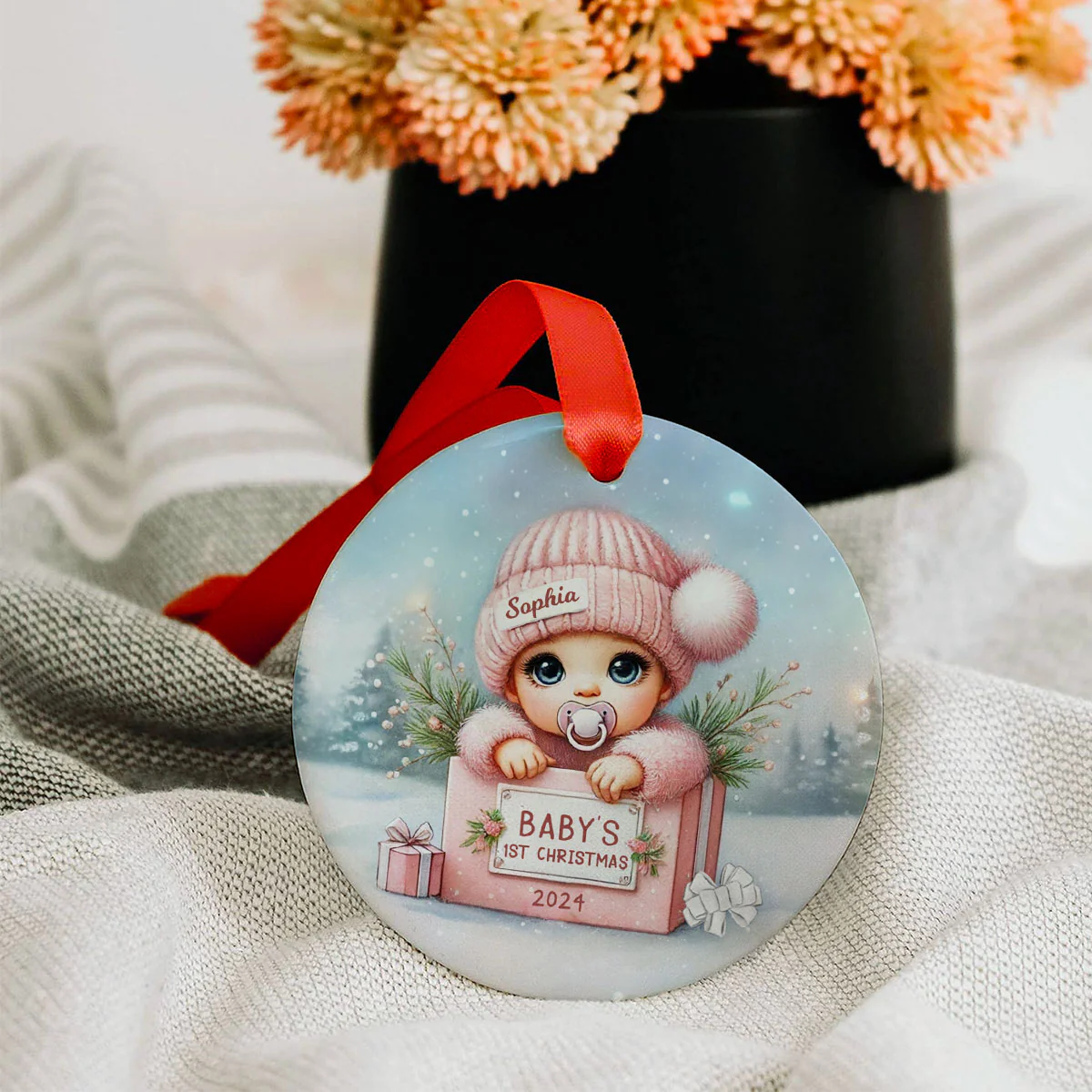 Watercolor Baby Inside Gift Box Personalized Ceramic Ornament, Christmas Gift for New Mom New Dad - Image 4
