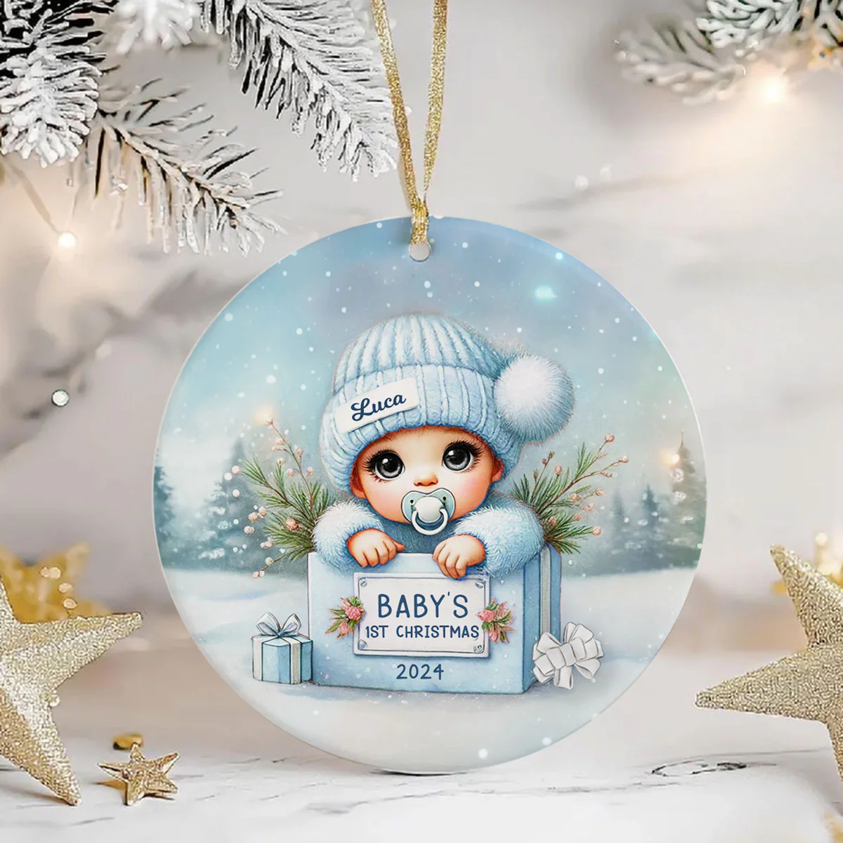 Watercolor Baby Inside Gift Box Personalized Ceramic Ornament, Christmas Gift for New Mom New Dad - Image 7