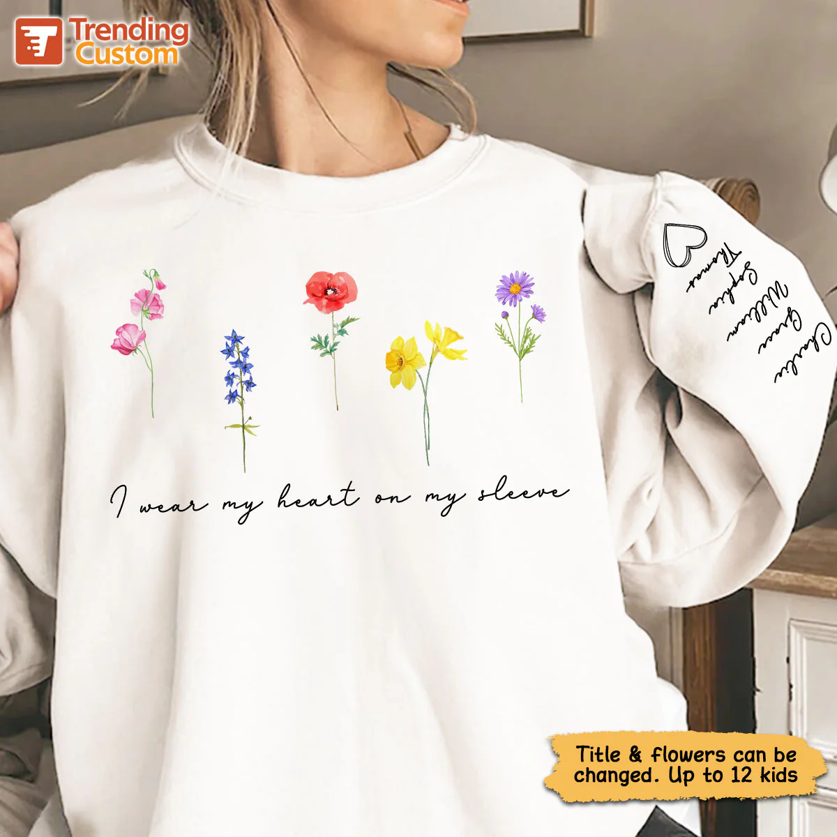 Watercolor Birth Month Flowers Personalized Sleeve Printed Sweatshirt, Gift For Mom Granma Aunt - Image 4