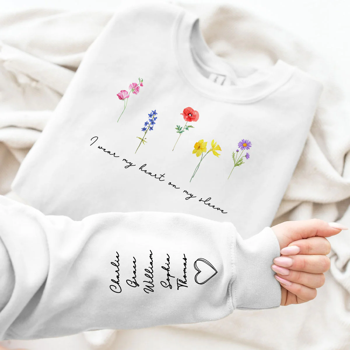 Watercolor Birth Month Flowers Personalized Sleeve Printed Sweatshirt, Gift For Mom Granma Aunt - Image 5