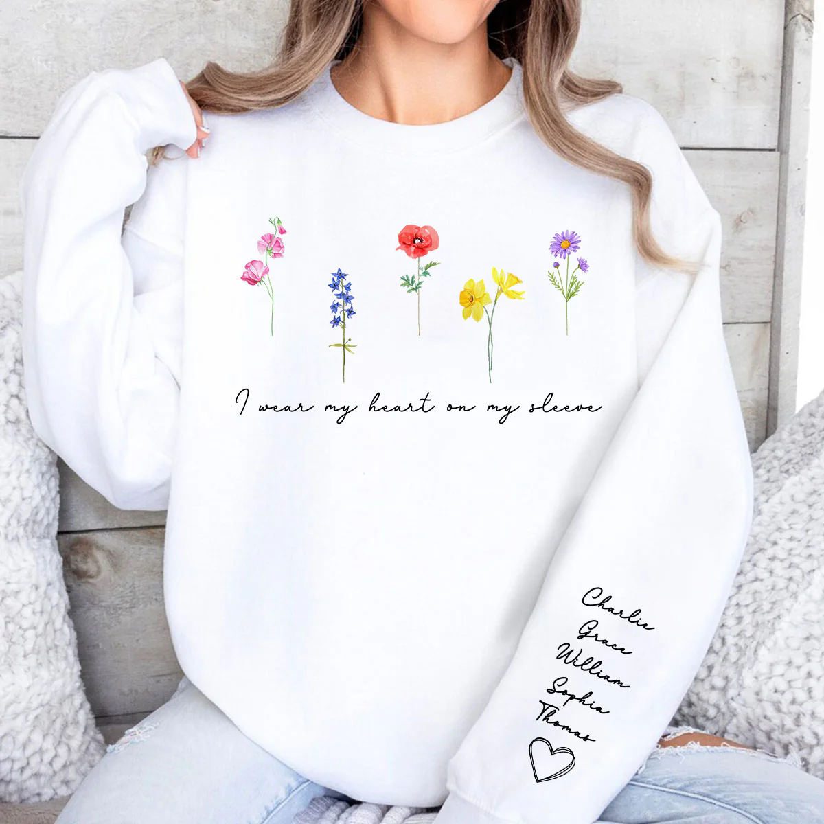 Watercolor Birth Month Flowers Personalized Sleeve Printed Sweatshirt, Gift For Mom Granma Aunt - Image 6