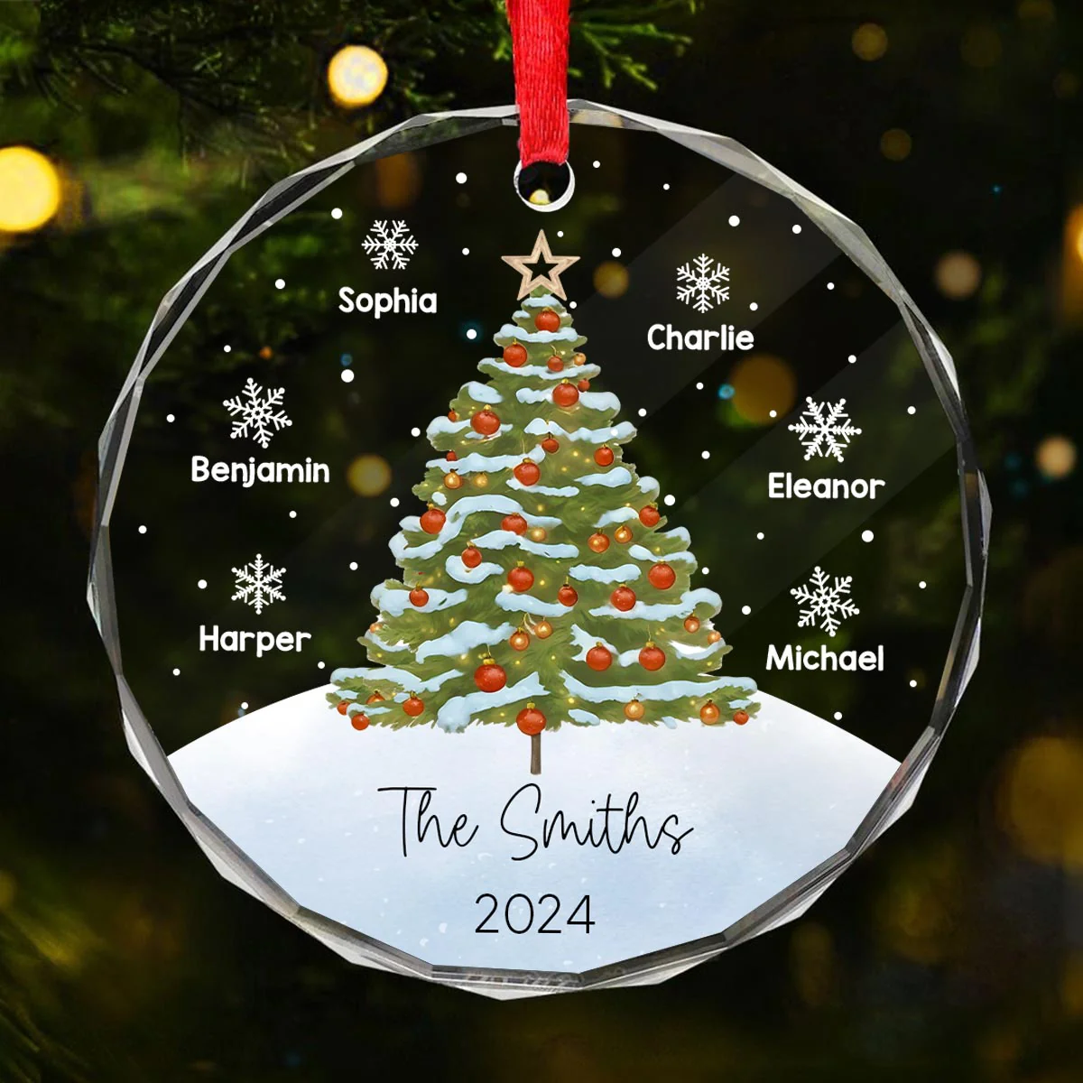 Watercolor Christmas Tree Family Names Personalized Glass Ornament