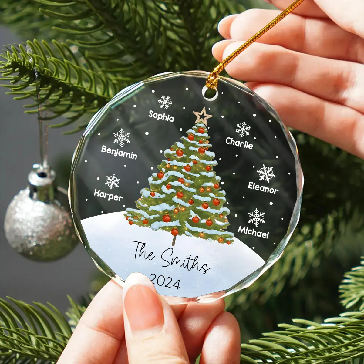 Watercolor Christmas Tree Family Names Personalized Glass Ornament - Image 2