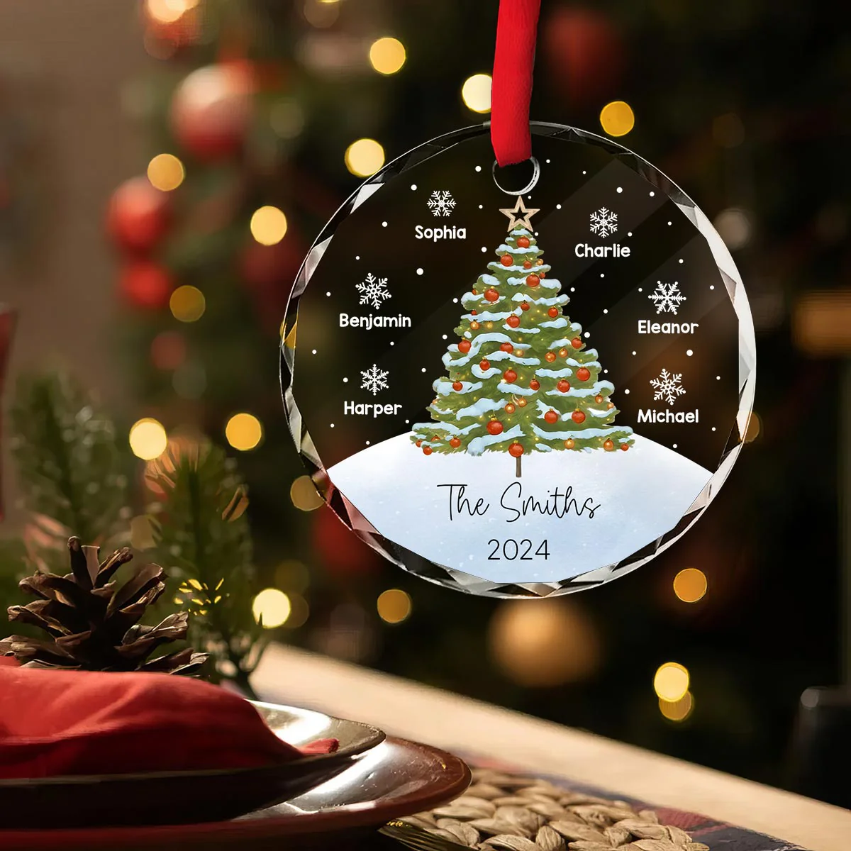 Watercolor Christmas Tree Family Names Personalized Glass Ornament - Image 3