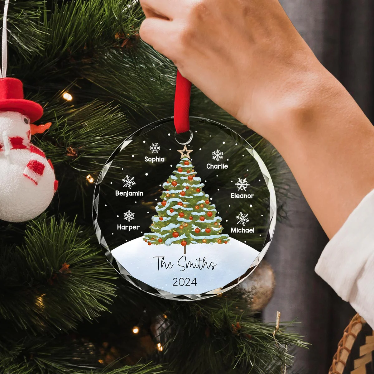 Watercolor Christmas Tree Family Names Personalized Glass Ornament - Image 4