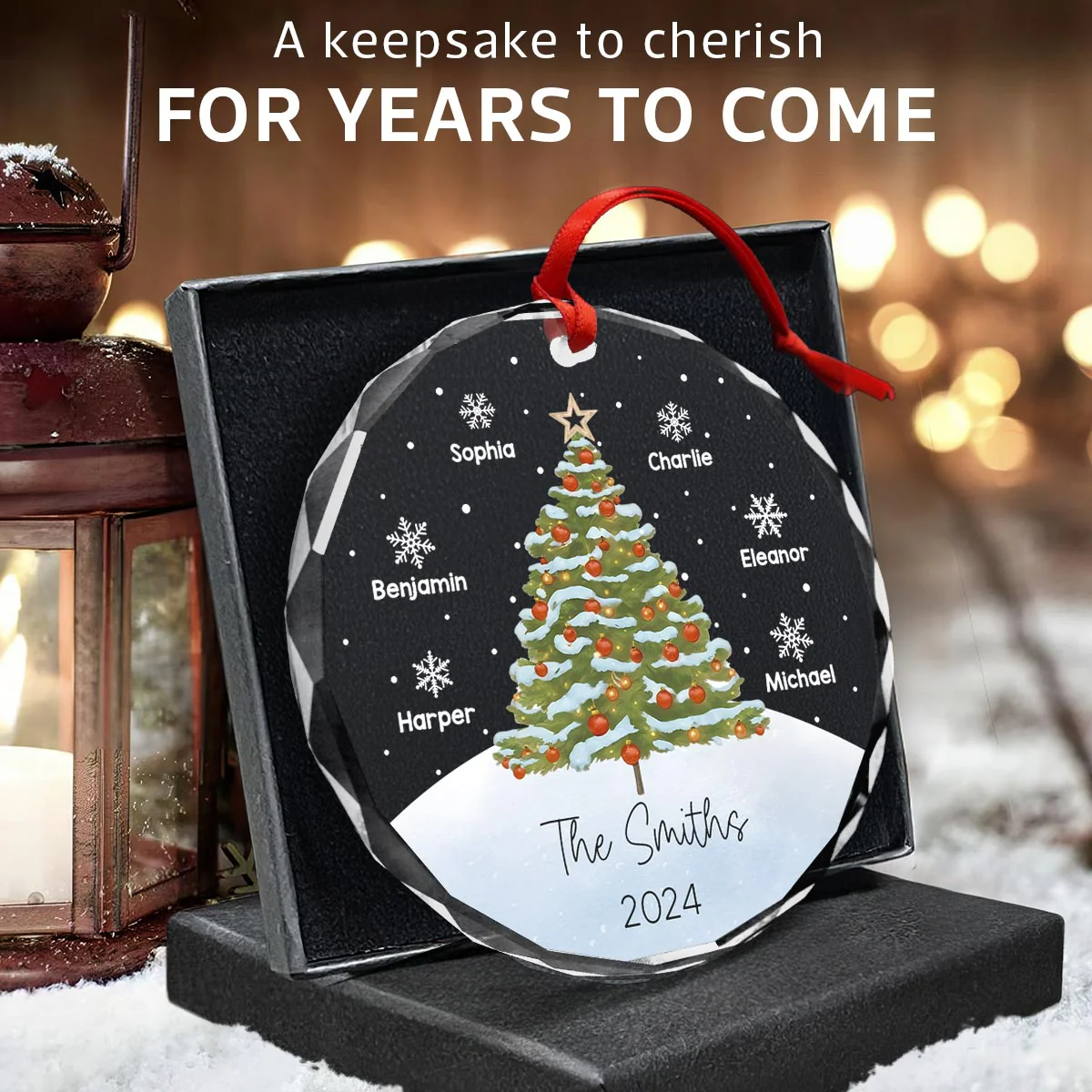 Watercolor Christmas Tree Family Names Personalized Glass Ornament - Image 5
