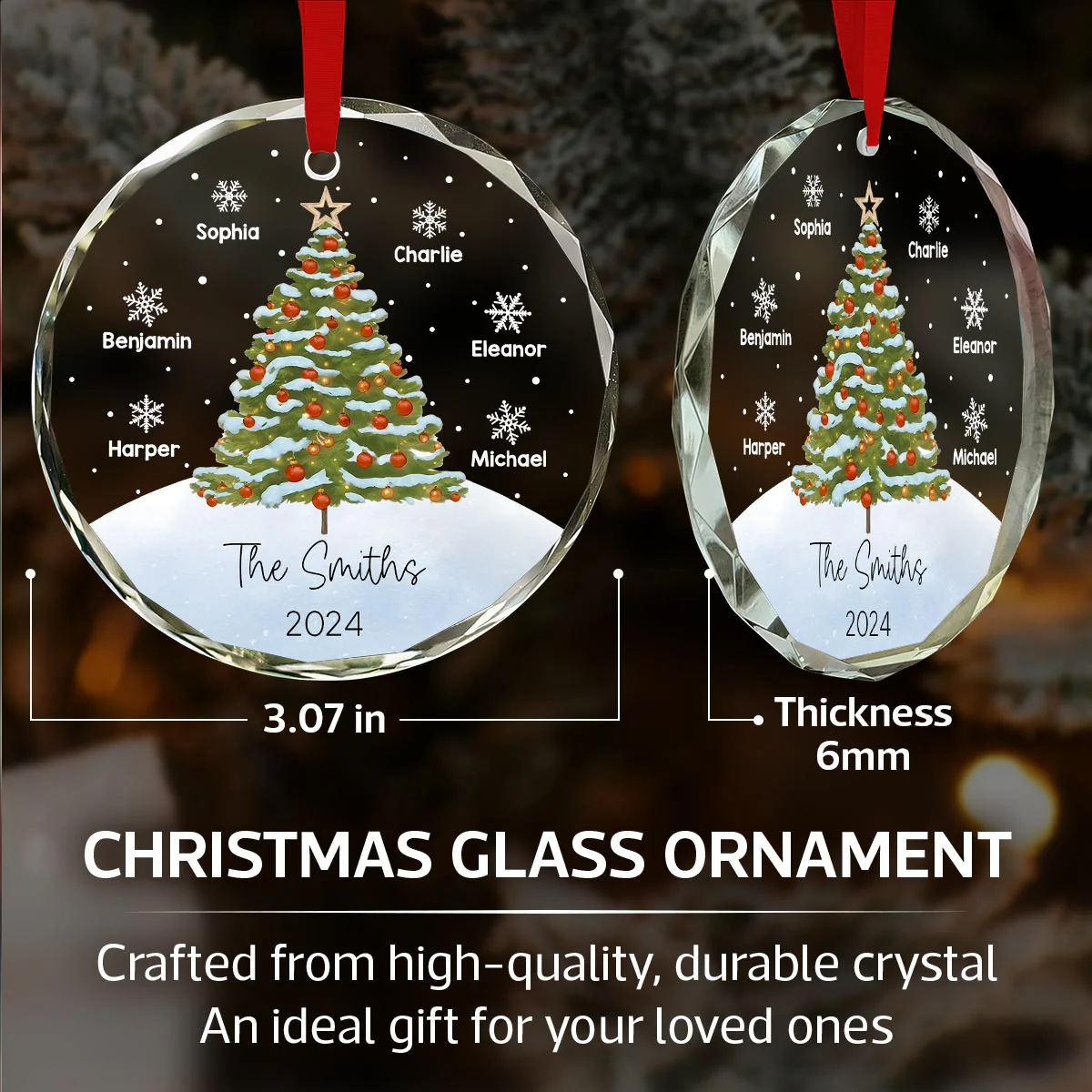 Watercolor Christmas Tree Family Names Personalized Glass Ornament - Image 6