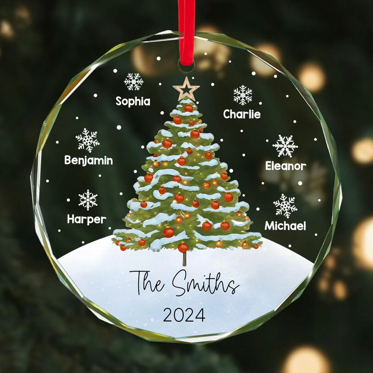 Watercolor Christmas Tree Family Names Personalized Glass Ornament - Image 7