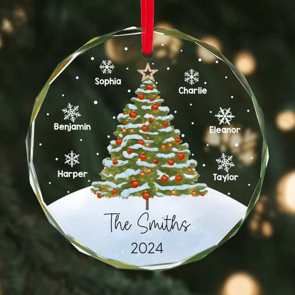 Watercolor Christmas Tree Family Names Personalized Glass Ornament - Image 8