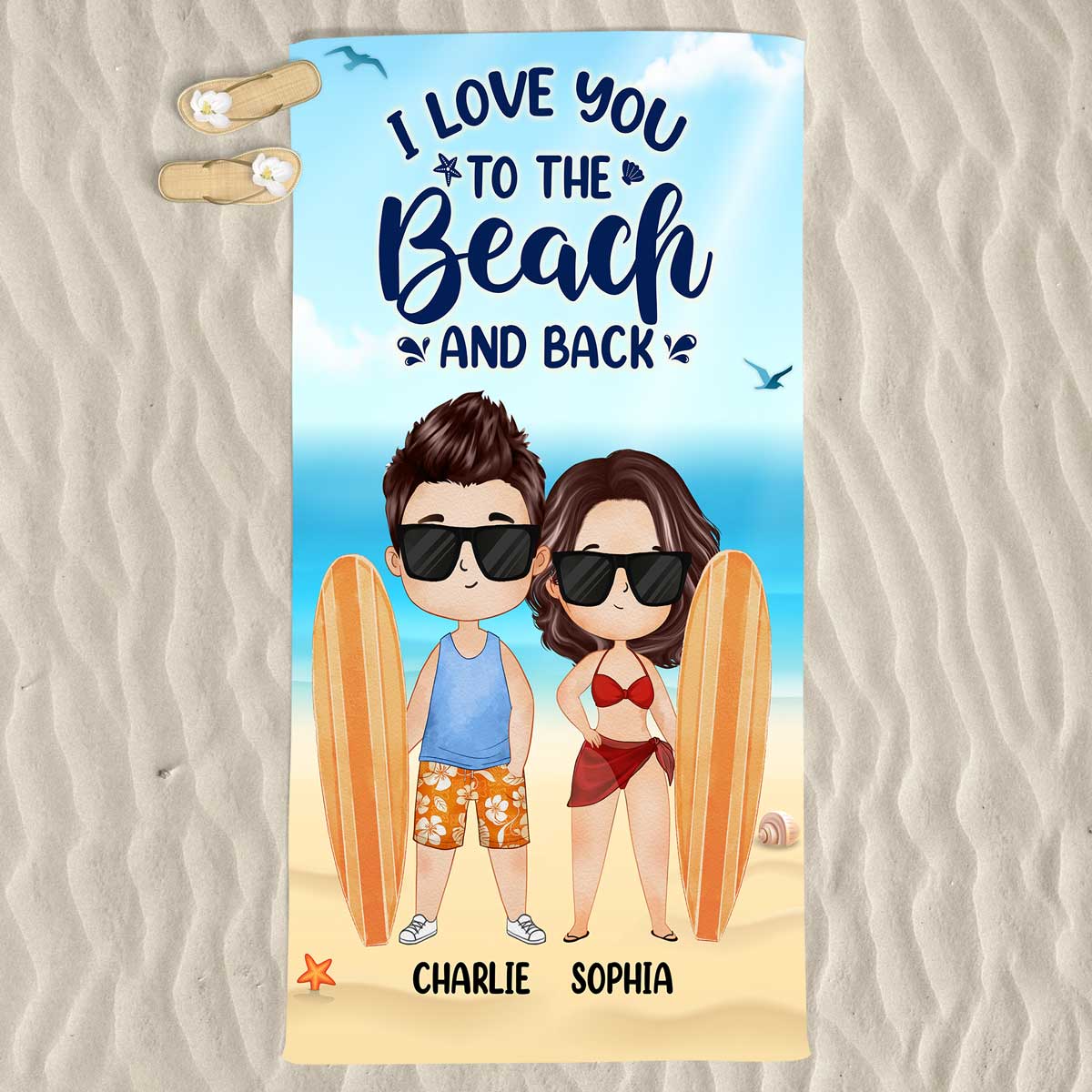 Watercolor Couple At The Beach Personalized Beach Towel - Image 3