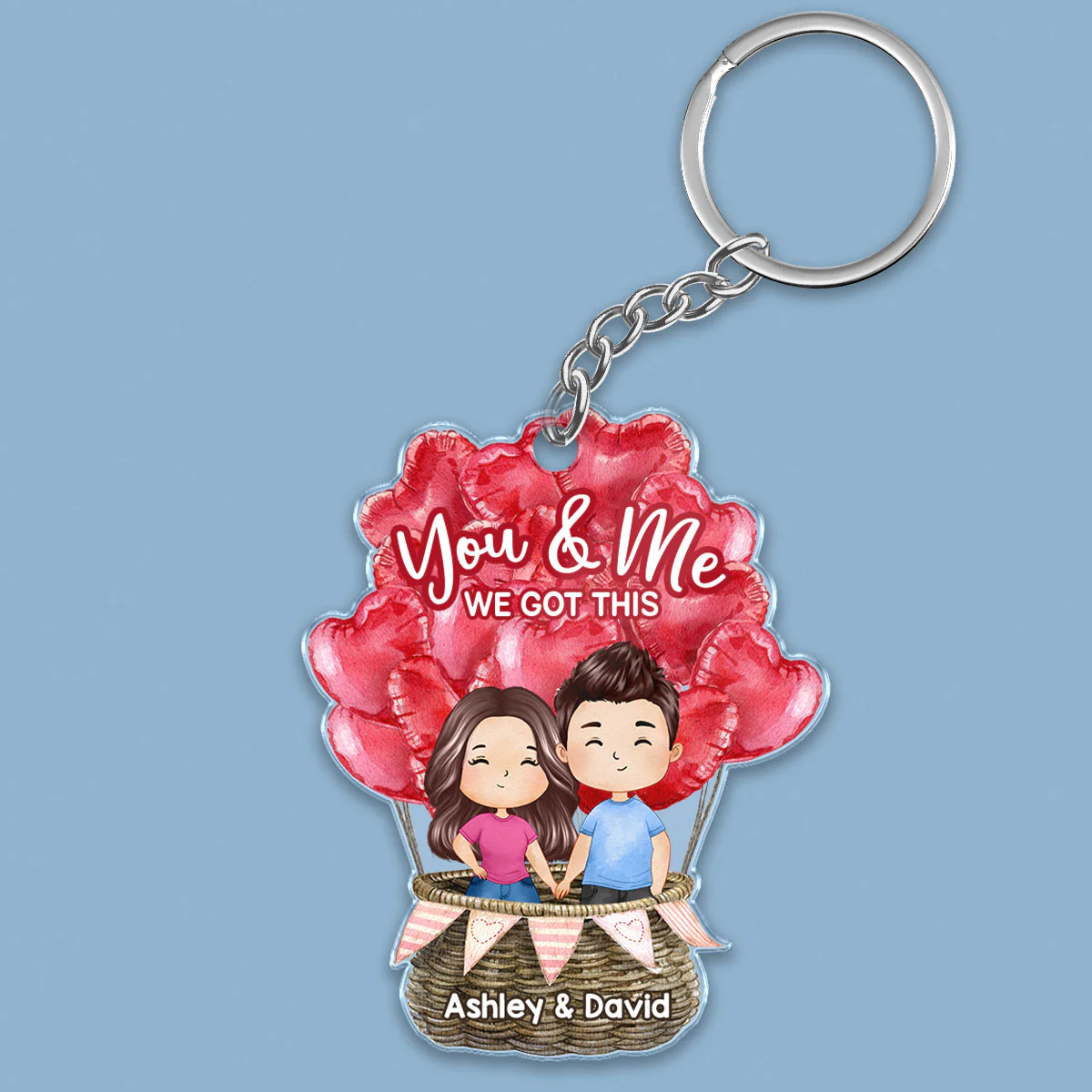 Watercolor Couple In Hot Balloon Personalized Acrylic Keychain - Image 2