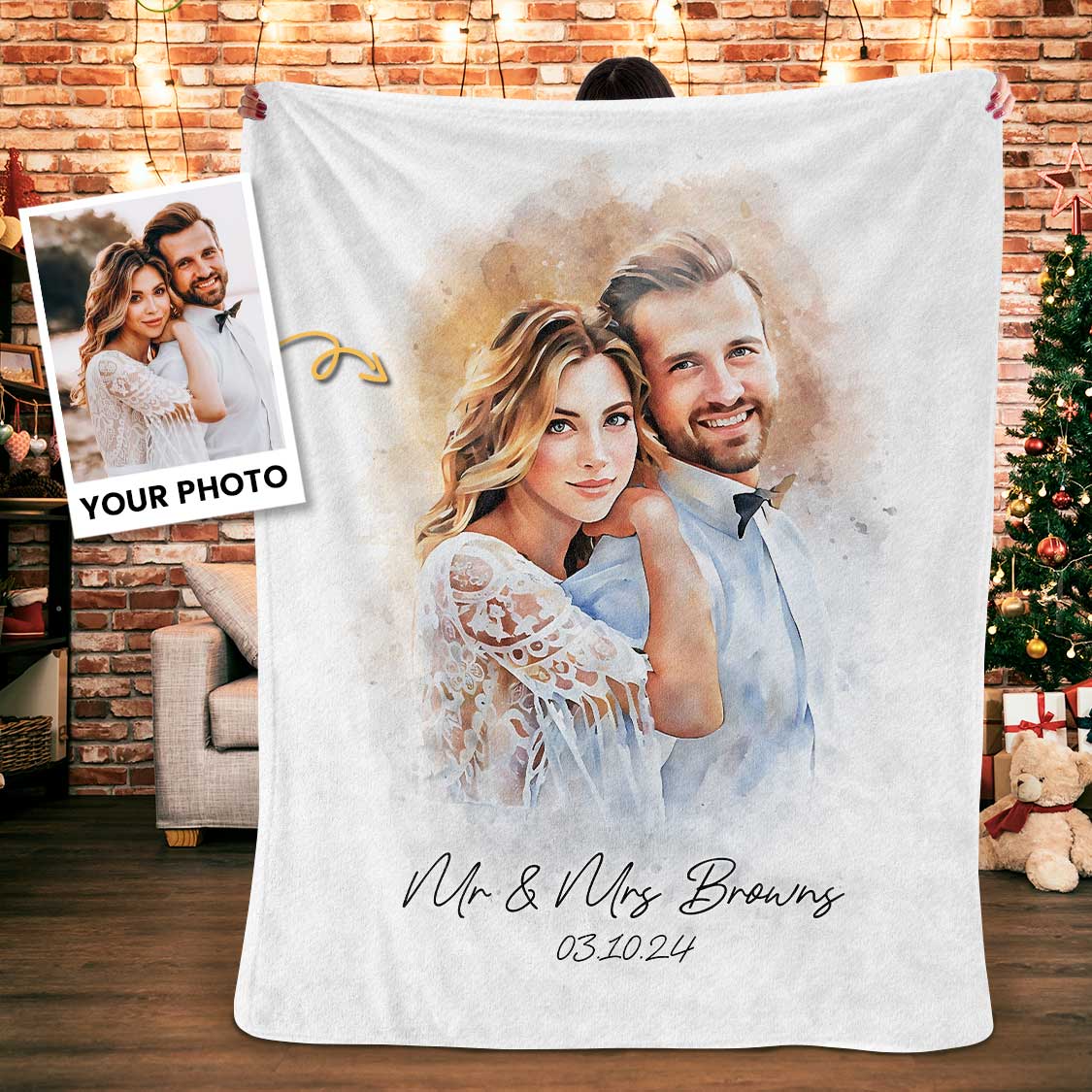 Watercolor Couple Portrait from Photo, Custom Wedding Anniversary Christmas Gift for Wife Husband Parents, Personalized Fleece Blanket