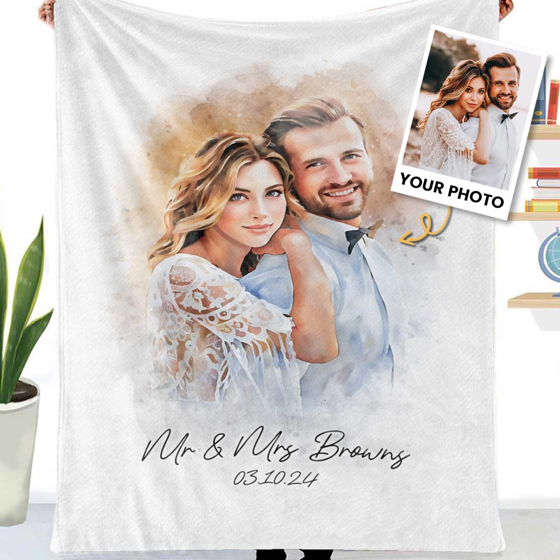 Watercolor Couple Portrait from Photo, Custom Wedding Anniversary Christmas Gift for Wife Husband Parents, Personalized Fleece Blanket - Image 3