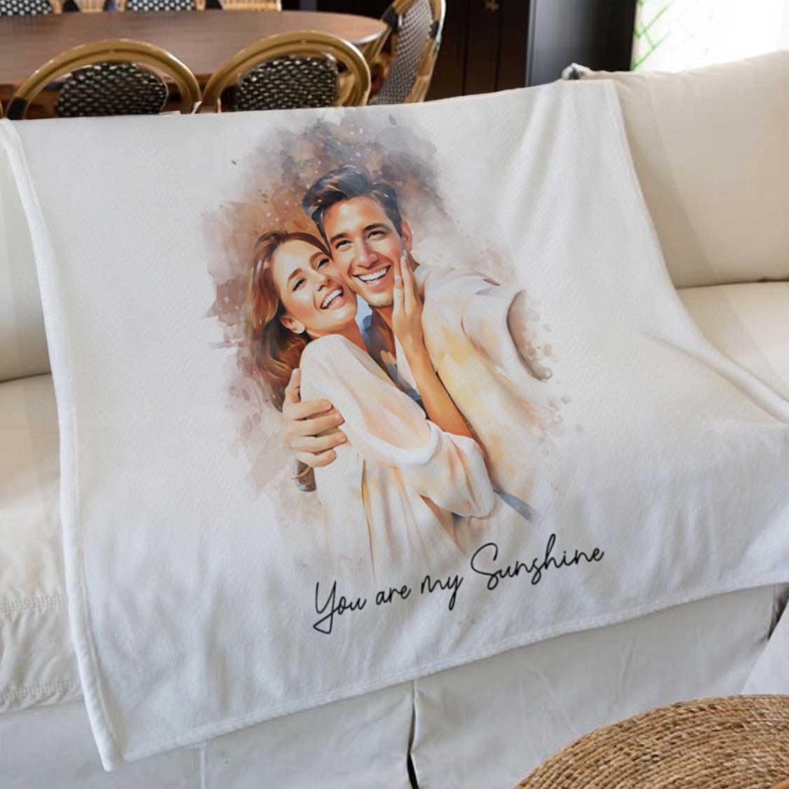 Watercolor Couple Portrait from Photo, Custom Wedding Anniversary Christmas Gift for Wife Husband Parents, Personalized Fleece Blanket - Image 4
