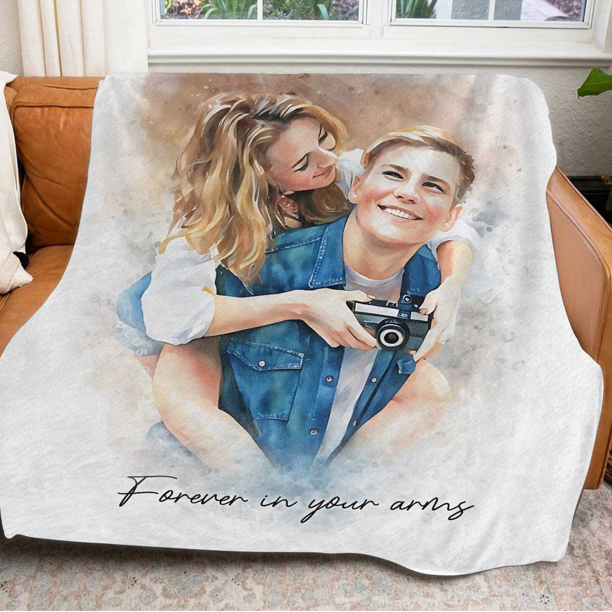Watercolor Couple Portrait from Photo, Custom Wedding Anniversary Christmas Gift for Wife Husband Parents, Personalized Fleece Blanket - Image 5