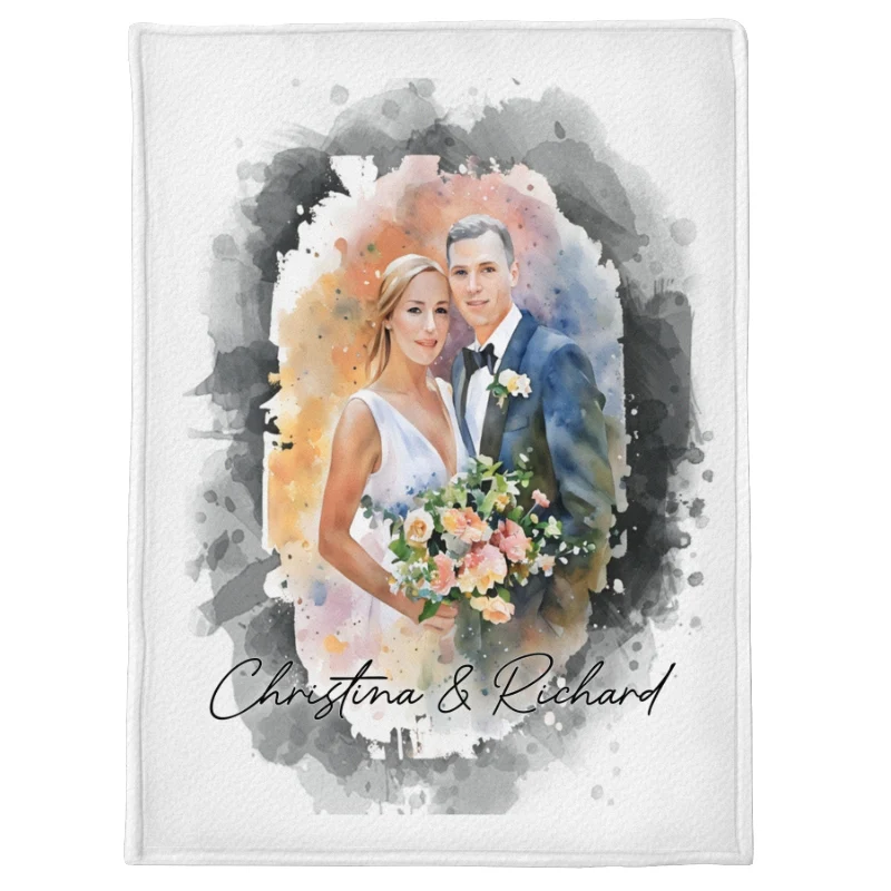 Watercolor Couple Portrait from Photo, Custom Wedding Anniversary Christmas Gift for Wife Husband Parents, Personalized Fleece Blanket - Image 8