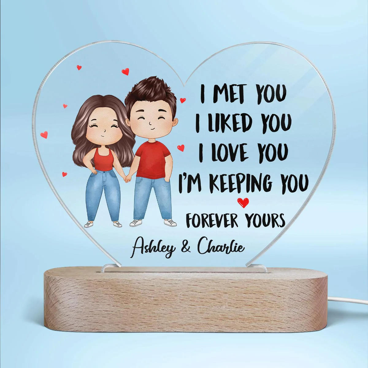 Watercolor Couple Standing I Met You Gift For Him For Her Personalized Acrylic Heart Plaque LED Night Light - Image 2