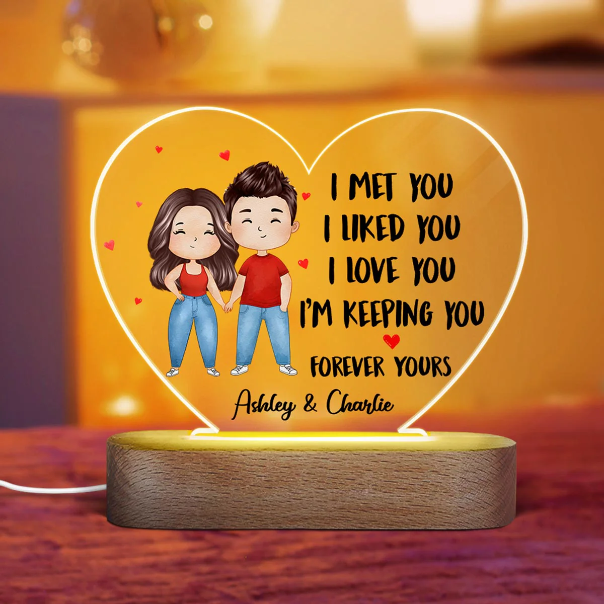 Watercolor Couple Standing I Met You Gift For Him For Her Personalized Acrylic Heart Plaque LED Night Light - Image 3
