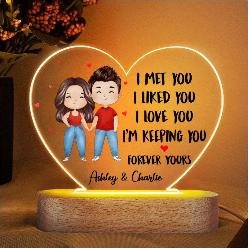 Watercolor Couple Standing I Met You Gift For Him For Her Personalized Acrylic Heart Plaque LED Night Light - Image 4