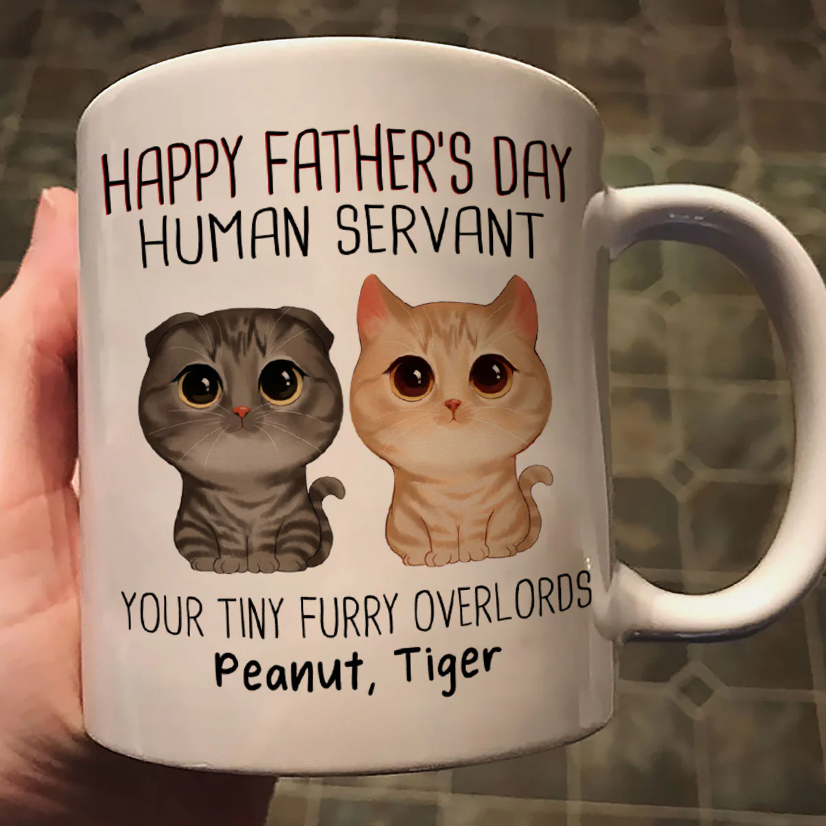 Watercolor Cute Cats Happy Father‘s Day Cat Human Servant Personalized Mug - Image 3