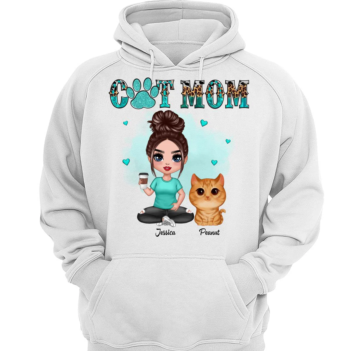 Watercolor Cute Cats Teal And Leopard Cat Mom Personalized Shirt - Image 3