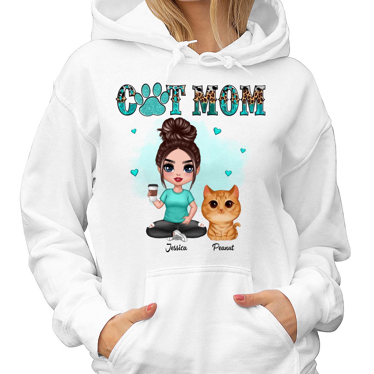 Watercolor Cute Cats Teal And Leopard Cat Mom Personalized Shirt - Image 4