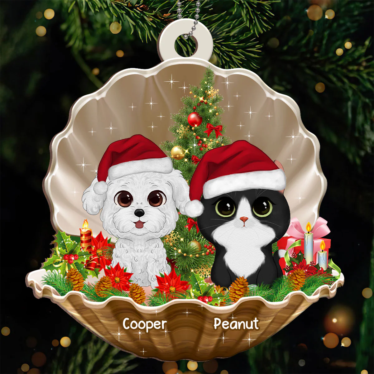 Watercolor Cute Dogs And Cats In Pearl Shell Christmas Personalized Wooden Ornament - Image 2