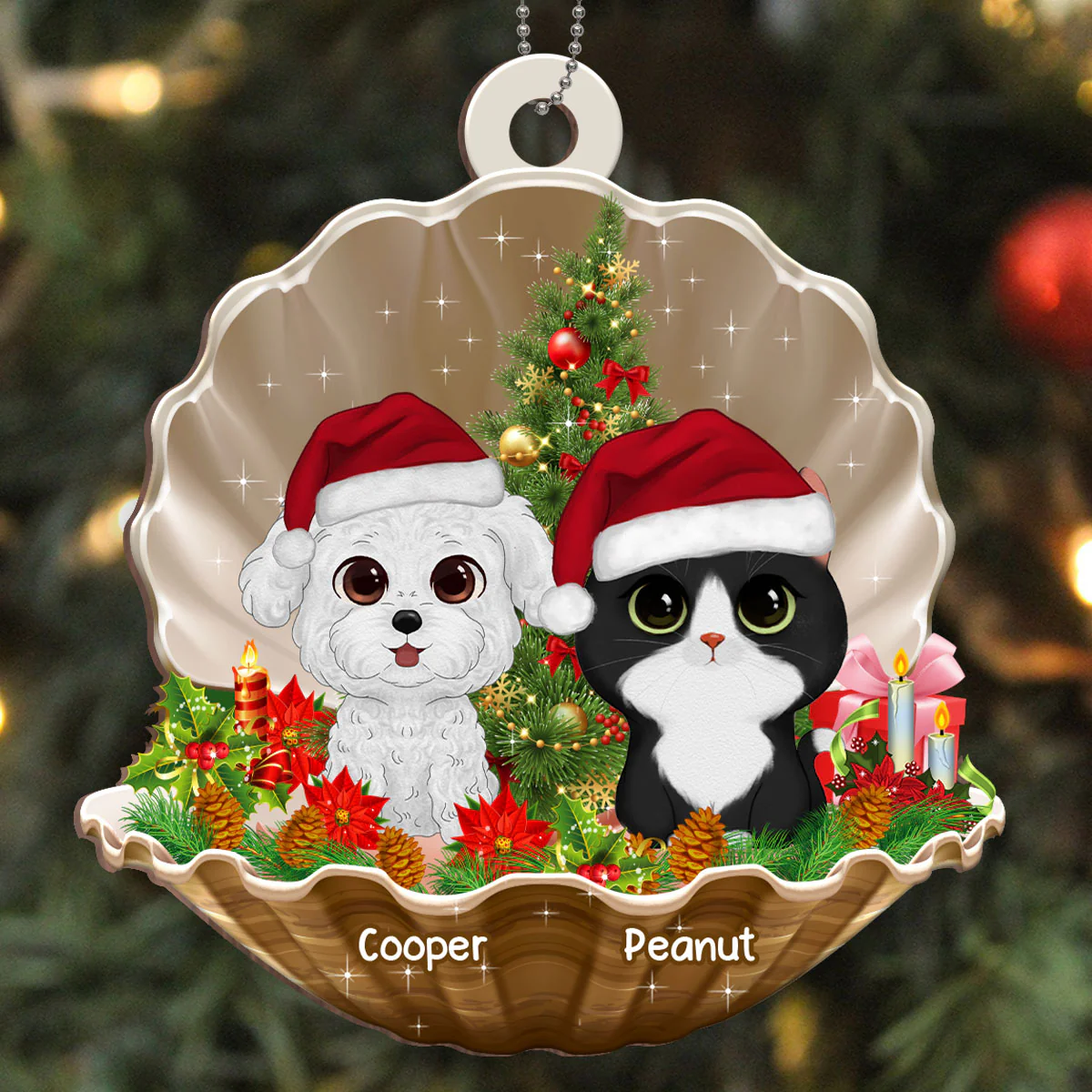 Watercolor Cute Dogs And Cats In Pearl Shell Christmas Personalized Wooden Ornament - Image 3