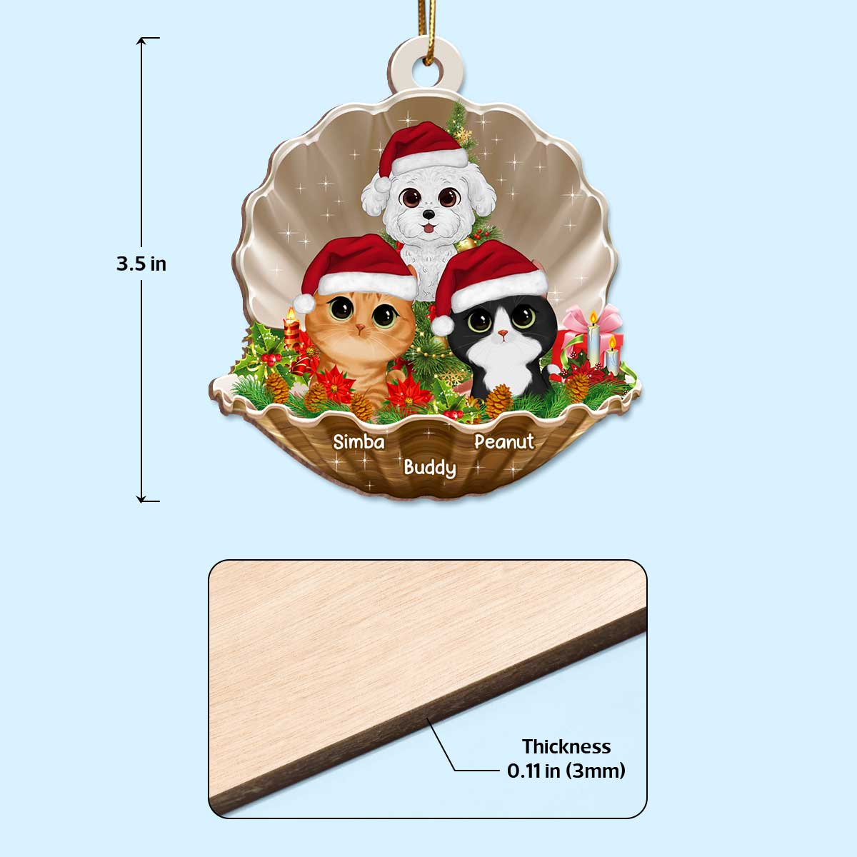 Watercolor Cute Dogs And Cats In Pearl Shell Christmas Personalized Wooden Ornament - Image 4