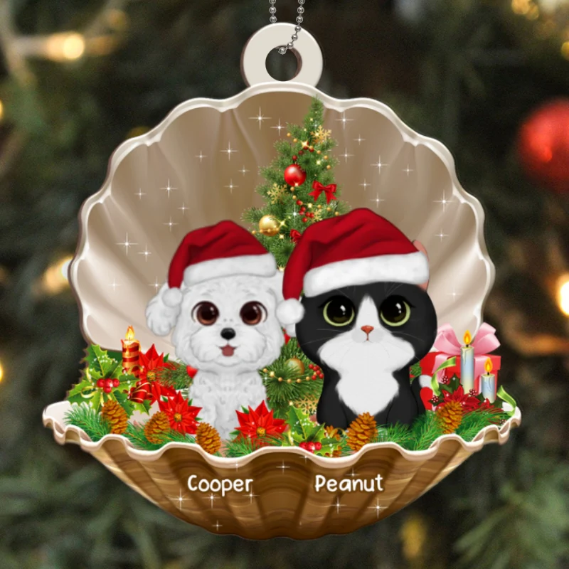 Watercolor Cute Dogs And Cats In Pearl Shell Christmas Personalized Wooden Ornament - Image 5