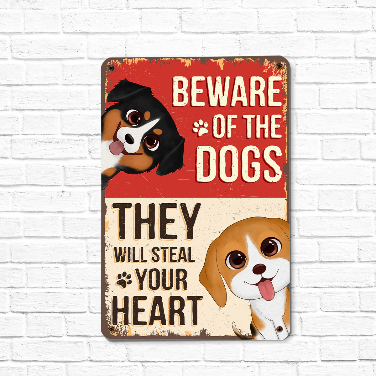 Watercolor Cute Dogs Beware Of The Dogs Personalized Metal Sign - Image 2