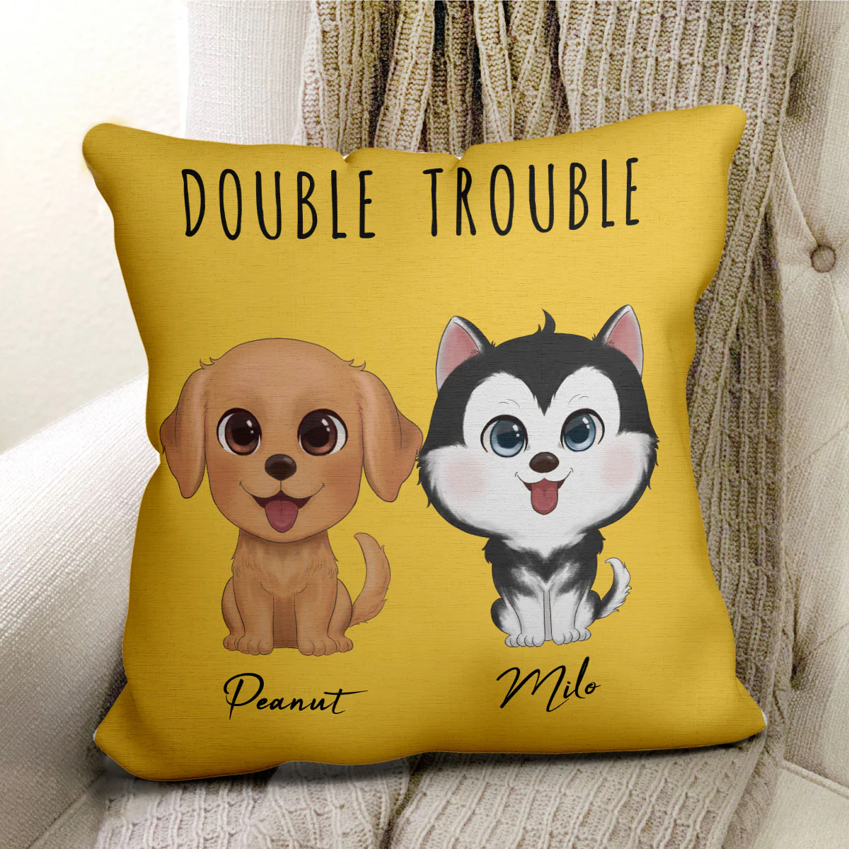 Watercolor Cute Dogs Double Trouble Personalized Pillow - Image 2
