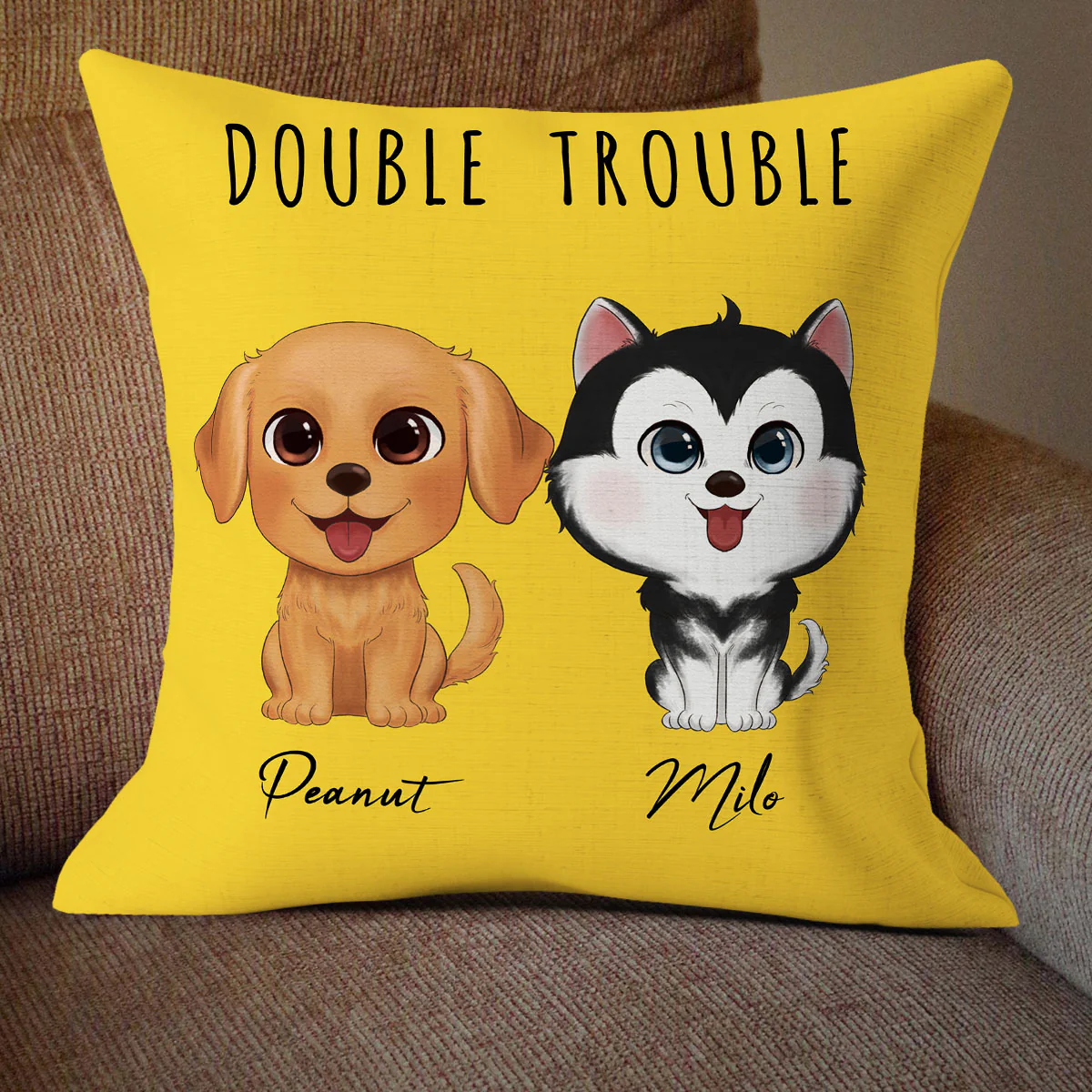 Watercolor Cute Dogs Double Trouble Personalized Pillow - Image 3