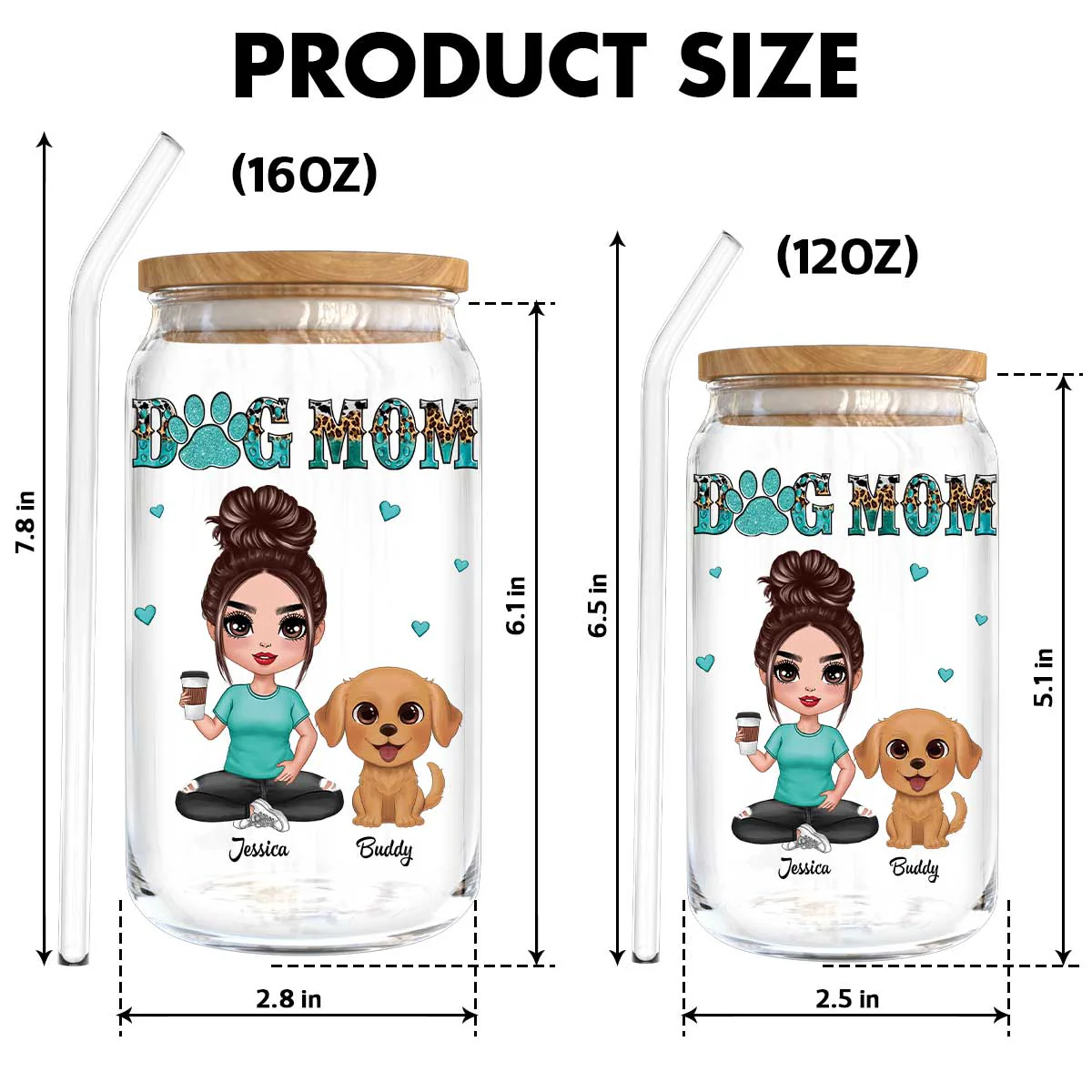 Watercolor Cute Dogs Teal And Leopard Dog Mom Personalized Clear Glass Can - Image 10
