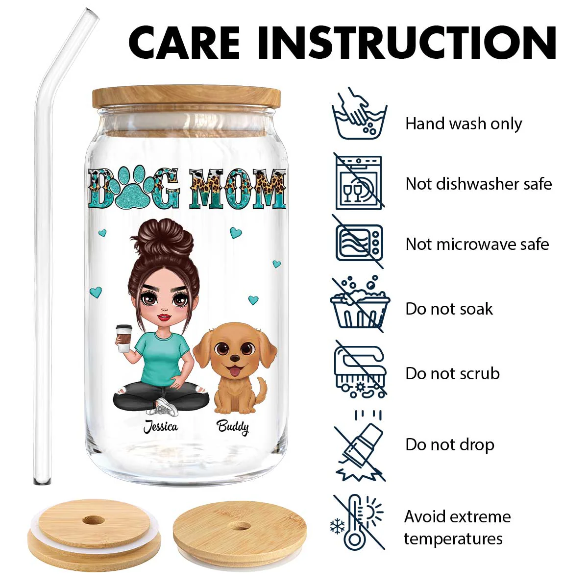 Watercolor Cute Dogs Teal And Leopard Dog Mom Personalized Clear Glass Can - Image 11