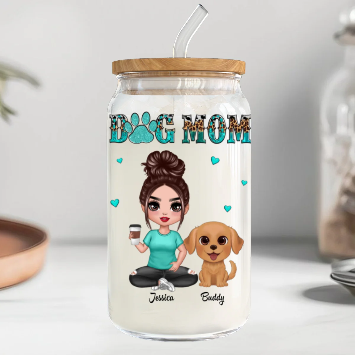 Watercolor Cute Dogs Teal And Leopard Dog Mom Personalized Clear Glass Can - Image 12