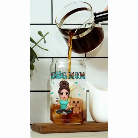 Watercolor Cute Dogs Teal And Leopard Dog Mom Personalized Clear Glass Can - Image 2