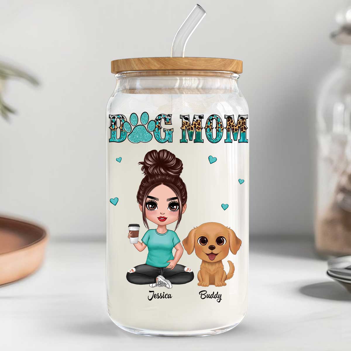 Watercolor Cute Dogs Teal And Leopard Dog Mom Personalized Clear Glass Can - Image 3