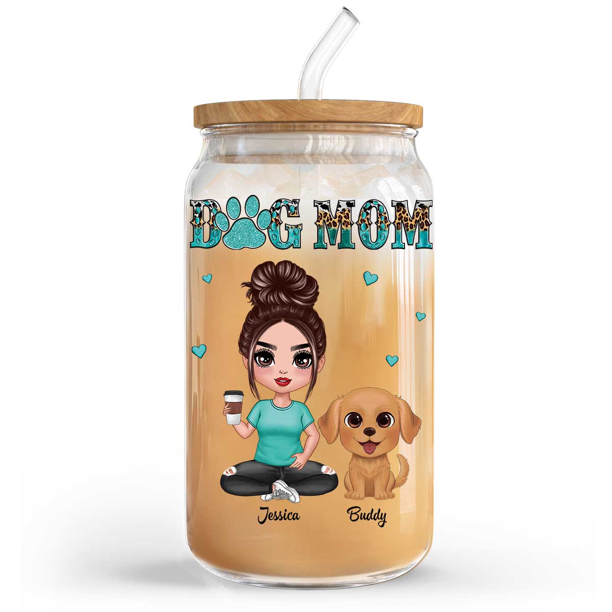 Watercolor Cute Dogs Teal And Leopard Dog Mom Personalized Clear Glass Can - Image 4