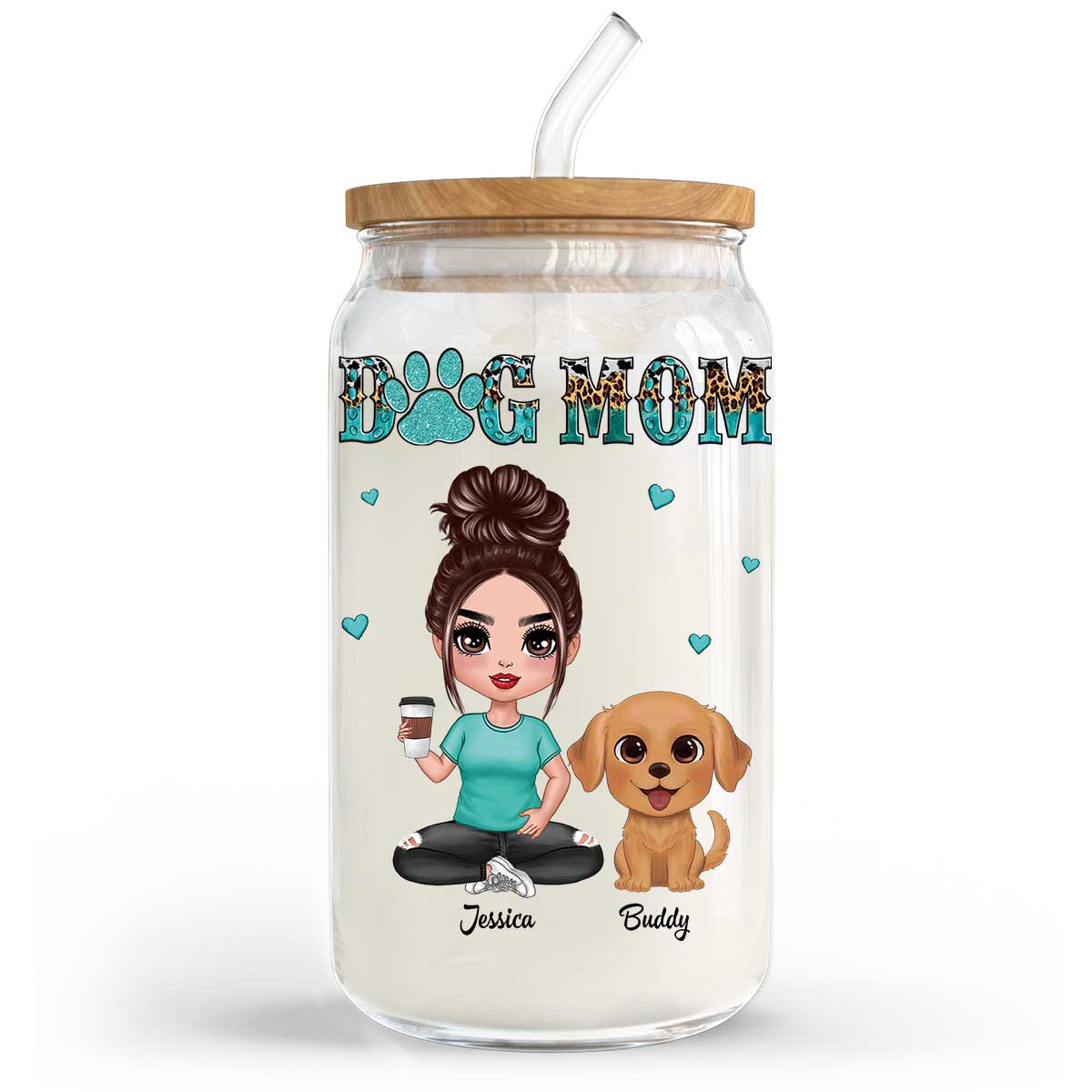 Watercolor Cute Dogs Teal And Leopard Dog Mom Personalized Clear Glass Can - Image 5
