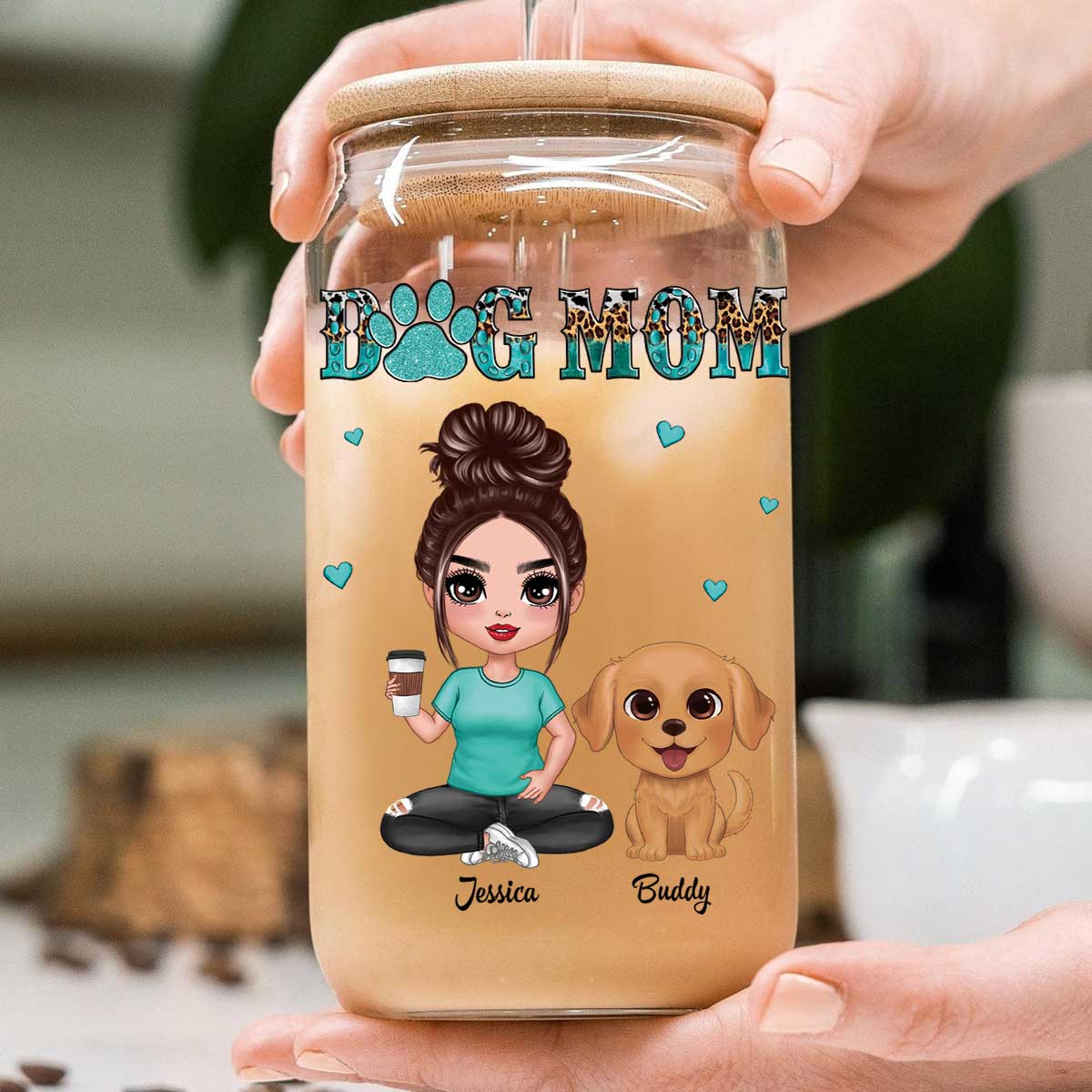 Watercolor Cute Dogs Teal And Leopard Dog Mom Personalized Clear Glass Can - Image 6