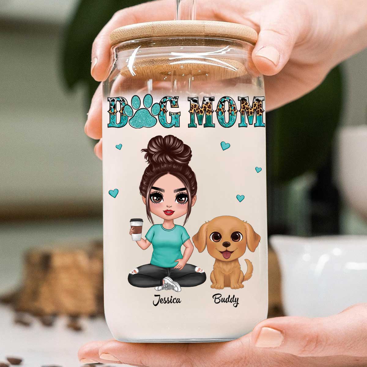 Watercolor Cute Dogs Teal And Leopard Dog Mom Personalized Clear Glass Can - Image 7