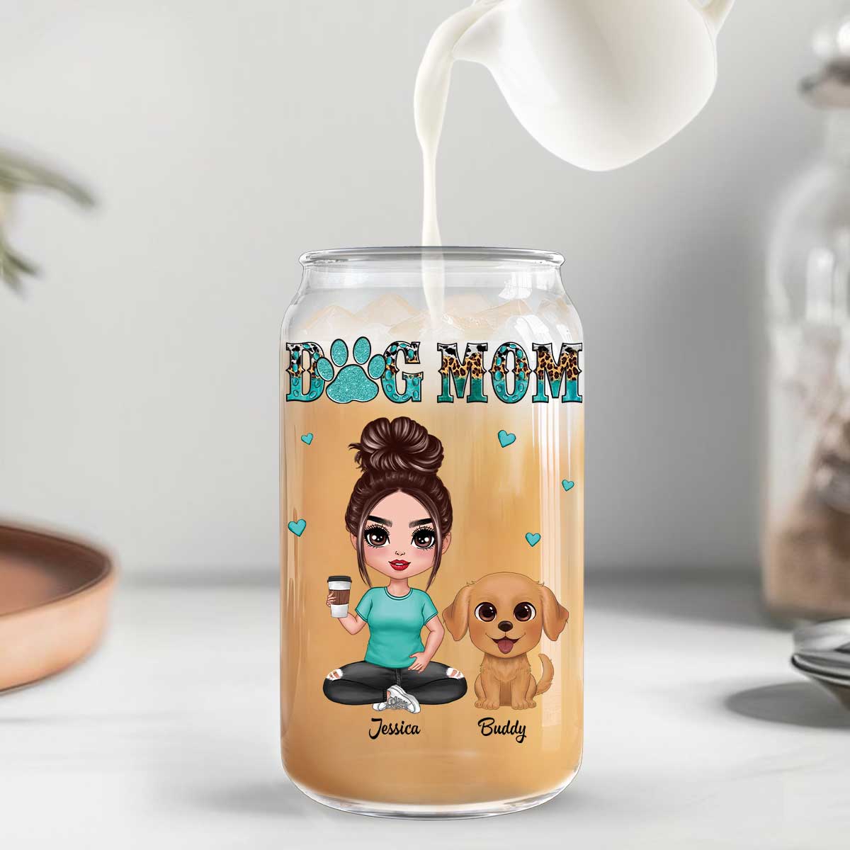 Watercolor Cute Dogs Teal And Leopard Dog Mom Personalized Clear Glass Can - Image 8