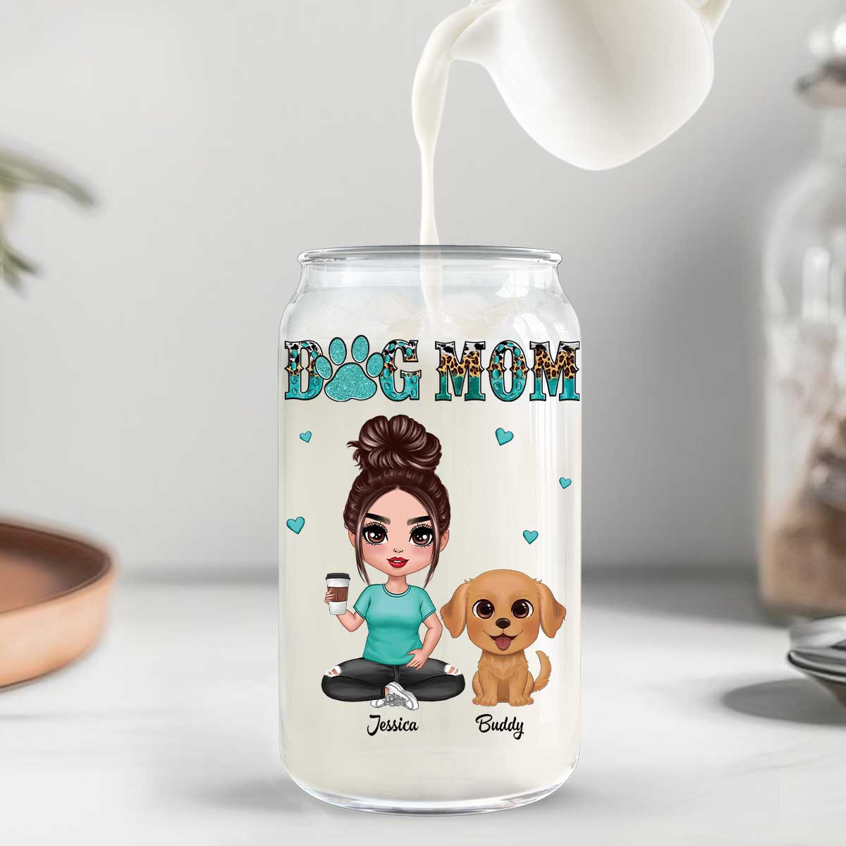 Watercolor Cute Dogs Teal And Leopard Dog Mom Personalized Clear Glass Can - Image 9