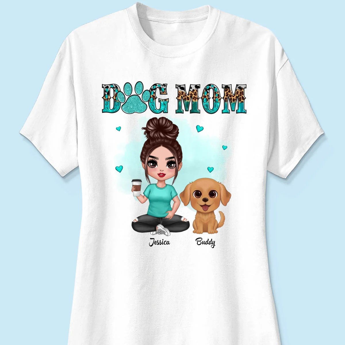 Watercolor Cute Dogs Teal And Leopard Dog Mom Personalized Shirt - Image 11